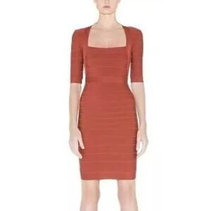 Hervé Léger Madina Square Neck Bandage Mini Cocktail Dress Rustic Red Women's S